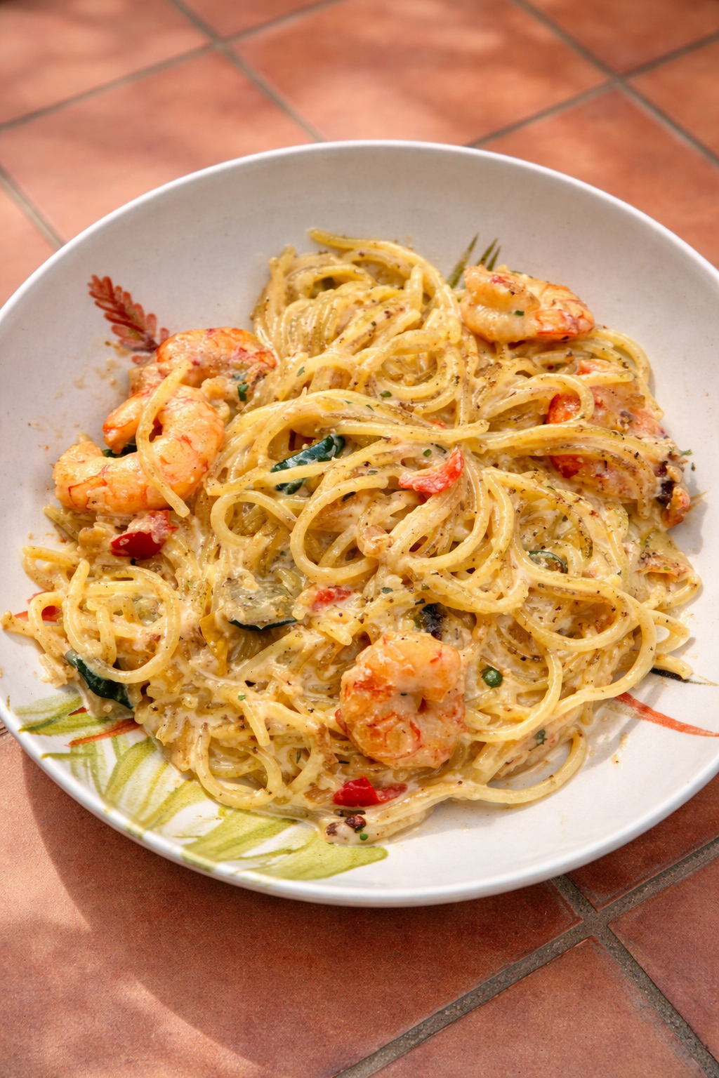 Espaguetis con langostinos y verdura al ajillo — NutriPolo