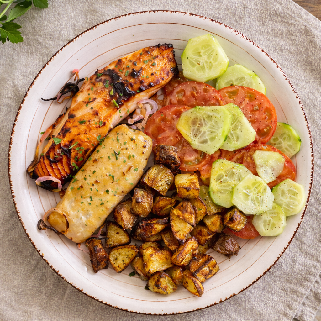 Salmón y merluza con salsa de miel y mostaza — NutriPolo